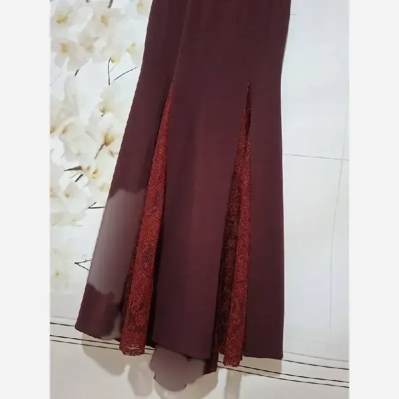ماکسی مجلسی زنانه کرپ کش و دانتل آستین سه ربع رنگ سرمه ای و زرشکی