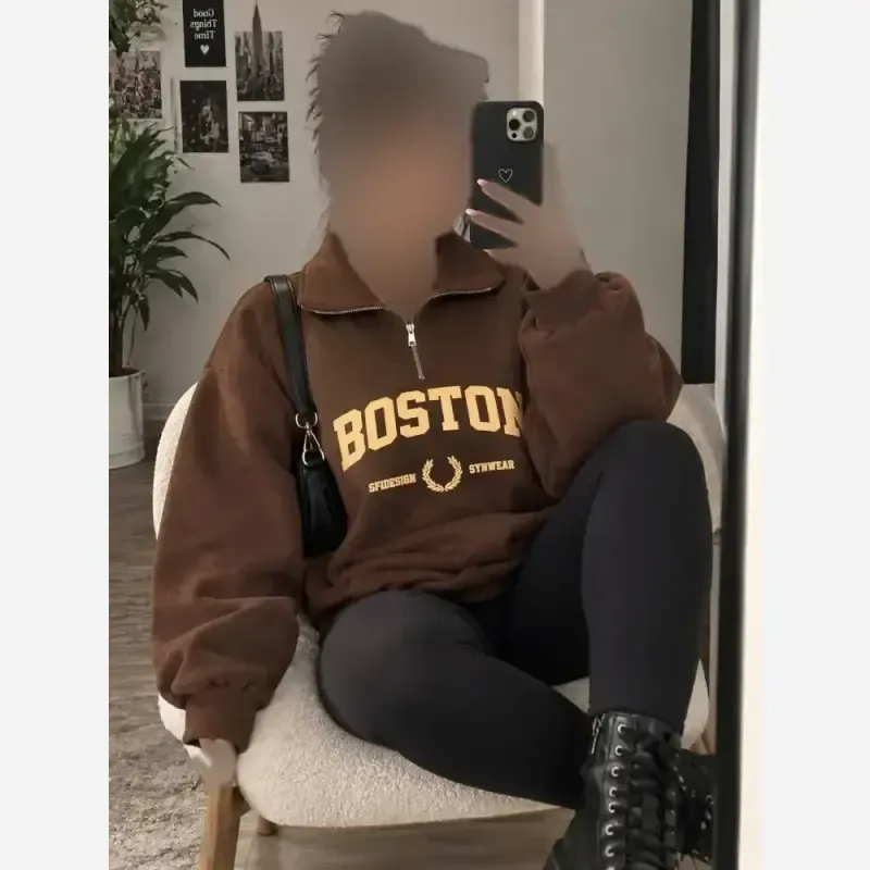 هودی نیم زیپ بوستون ضخیم پاییزه و زمستانه قد 70