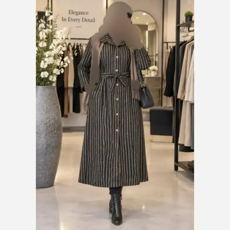 پالتو بلند زنانه مدل طهورا جنس تافته گندمی ضخیم