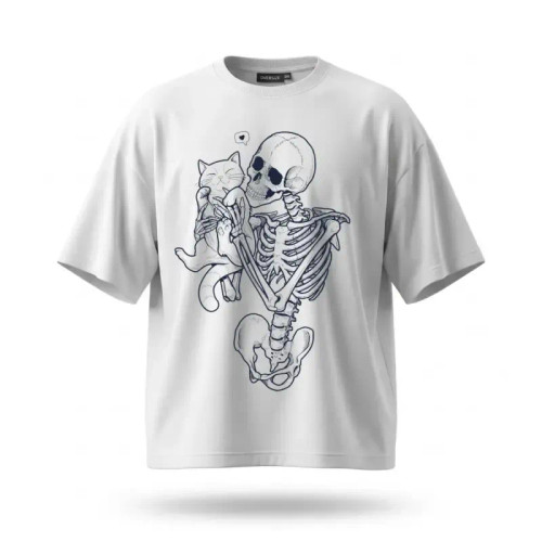 تیشرت سفید طرح اسکلت و گربه جنس پارچه ماکان