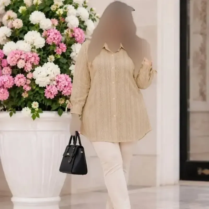 شومیز مانتویی عروسکی 326 با جنس مراکشی درجه یک و سایز فری (38-50) در رنگهای مشکی، نسکافهای، یشمی و استخونی
