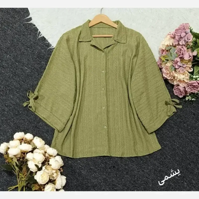 شومیز مانتویی عروسکی 326 با جنس مراکشی درجه یک و سایز فری (38-50) در رنگهای مشکی، نسکافهای، یشمی و استخونی