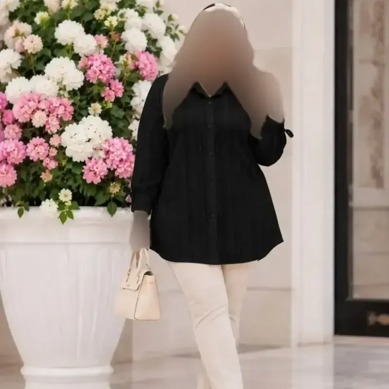 شومیز مانتویی عروسکی 326 با جنس مراکشی درجه یک و سایز فری (38-50) در رنگهای مشکی، نسکافهای، یشمی و استخونی