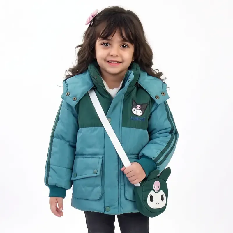 کاپشن دخترانه کرومی کیفدار سبزآبی داخل خز کلاه جداشونده
