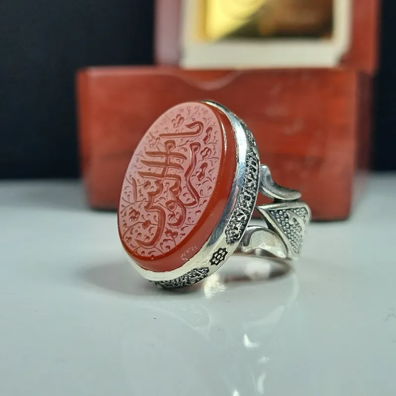 انگشتر مردانه نقره عقیق سرخ خطی امیرالمومنین ع